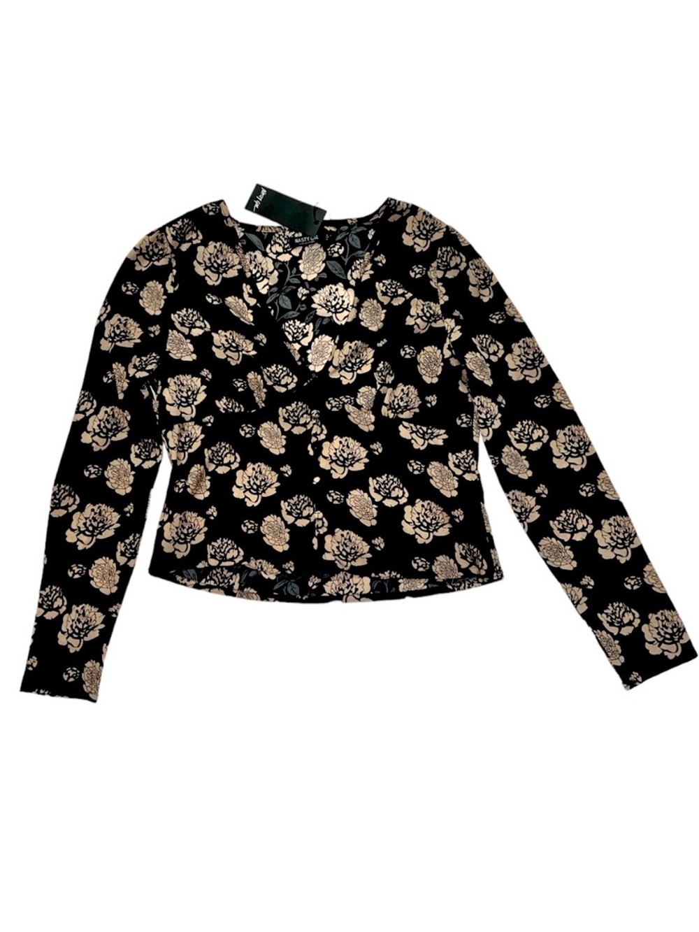 Nasty Gal Button Down Blouse “Nothing Bud Flowers” Black Floral Size 2 NWT